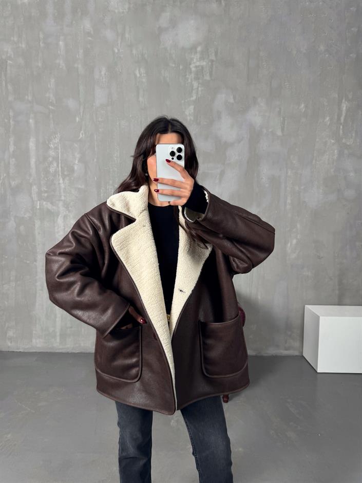 Rosen Kahve ZR Model Taş Kürklü Ceket