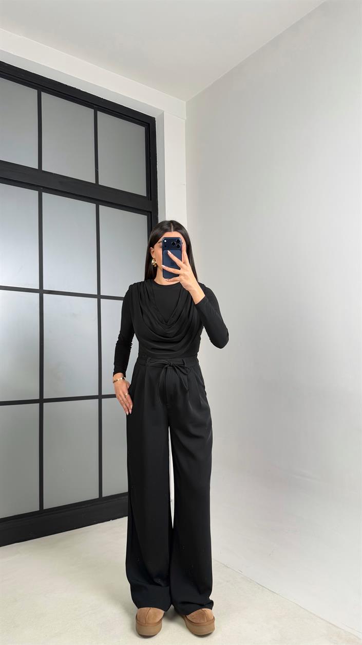Siyah Beli Lastikli Kuşaklı İthal Kumaş Pantolon GAUS-00869