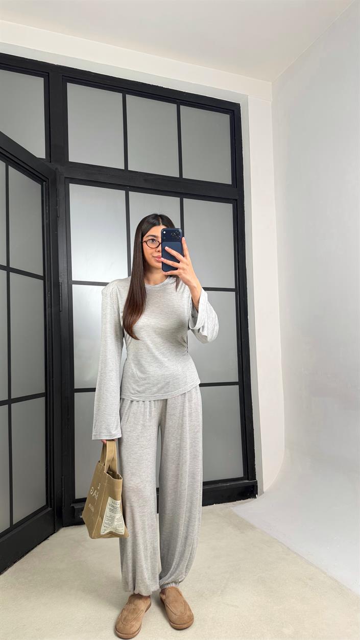 Gri Beli Ayarlanabilir Vatkalı Bluz Eşofman Takım GAUS-01307