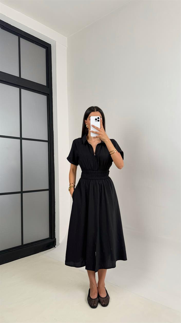 Siyah Beli Lastikli Önden Fermuarlı Yırtmaçlı Tencel Elbise Gaus00551