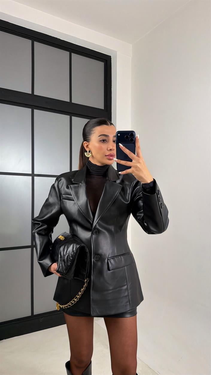 Siyah Astarlı Vatkalı Blazer Ceket Etek Premium Deri Takım GAUS-00657