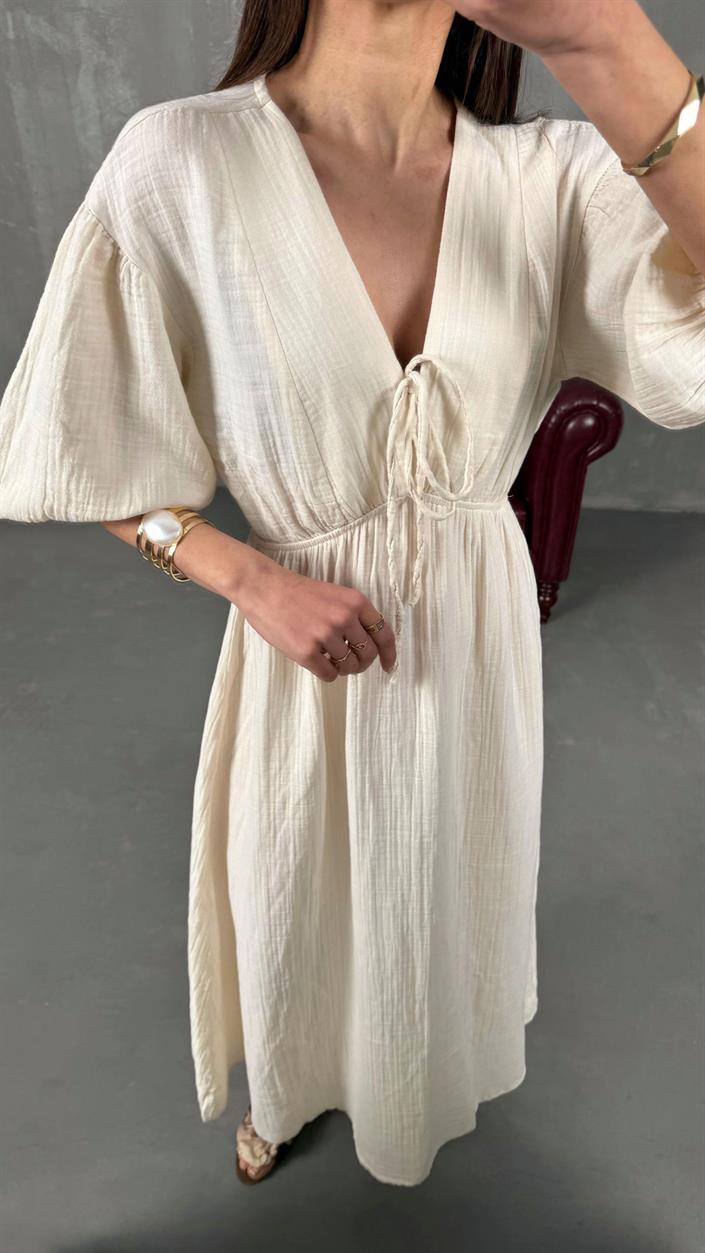 Ekru Cesika V Yaka Beli Lastikli Müslin Elbise gaus-01260