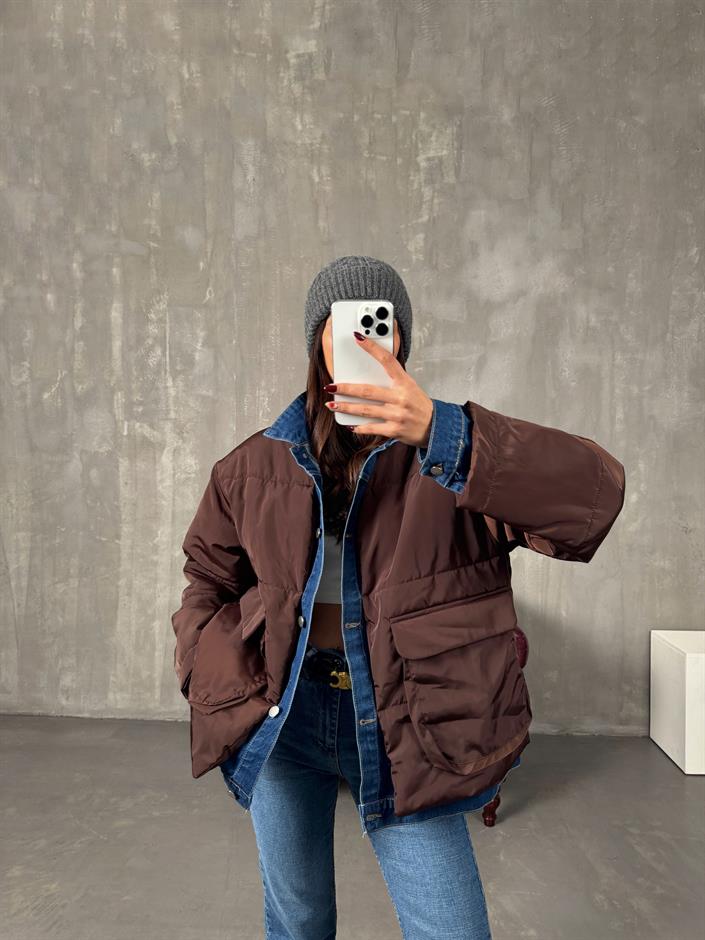 Jovi Kahve Denim Detaylı Astarlı Tasarım Şişme Mont