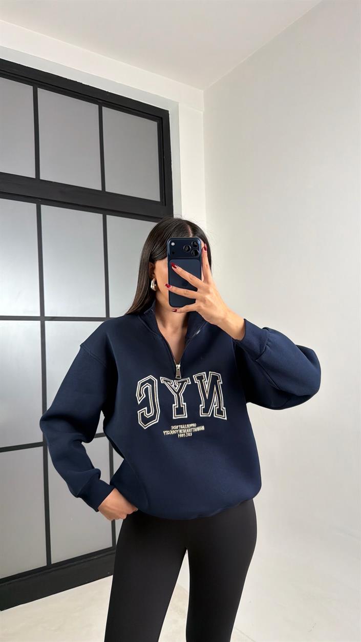 Lacivert Fermuarlı NYC Nakışlı Sweatshirt GAUS-00797