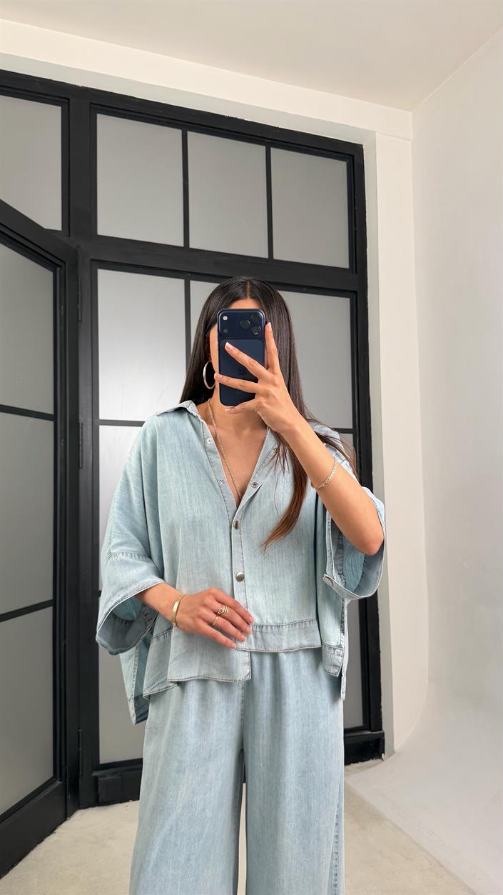 Açık Mavi Yarasa Kol Gömlek Beli Lastikli Pantolon Tencel Denim Takım GAUS-01539