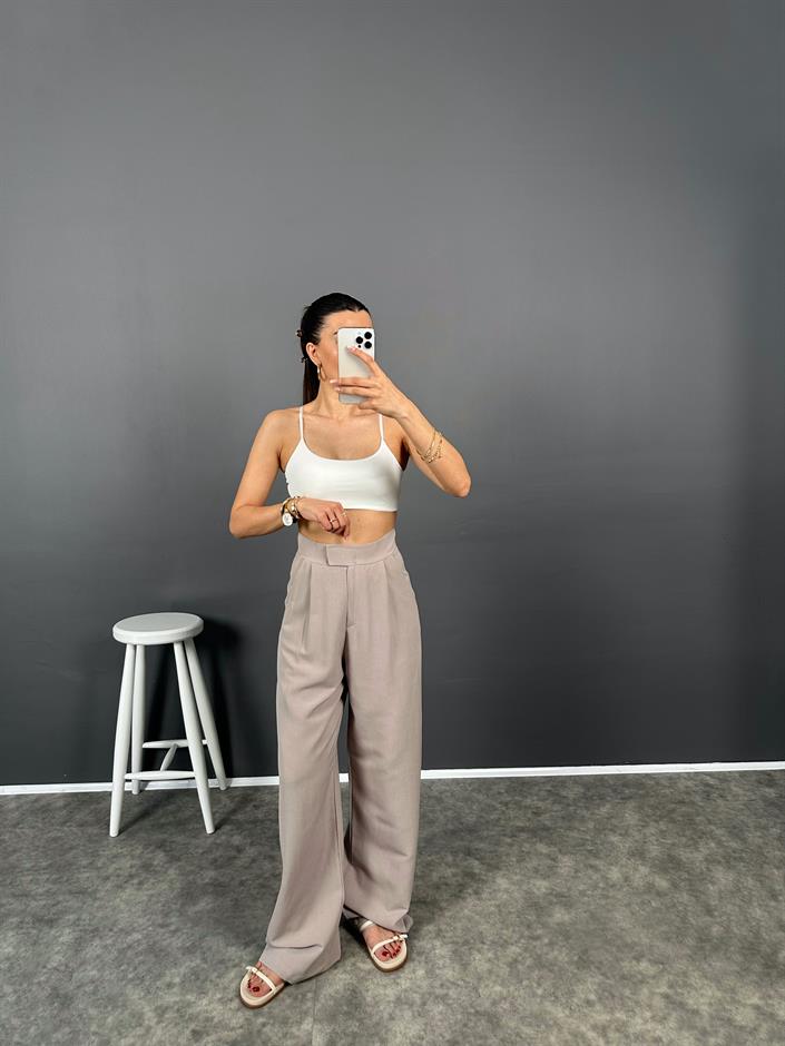 Bonum Soft Vizon Cırt Bantlı Keten Pantolon