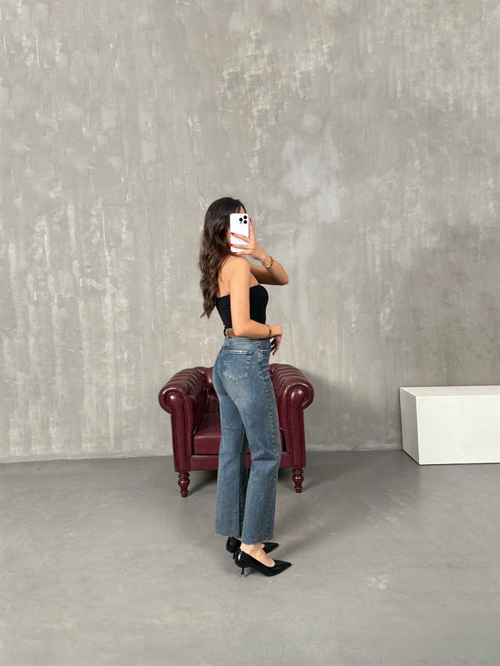 Lisa Mavi Eskitme Kesik Paça Kahve Kemerli Yüksek Bel Jean