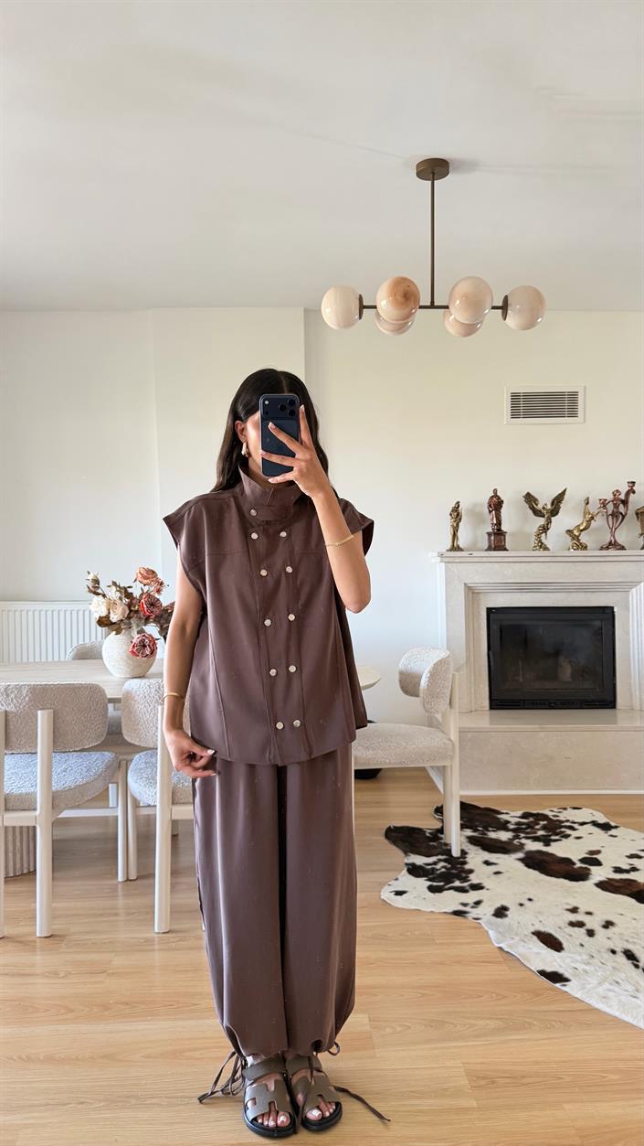 Kahve Yelek Beli Lastikli Şalvar Pantolon İkili Modal Takım GAUS-01652