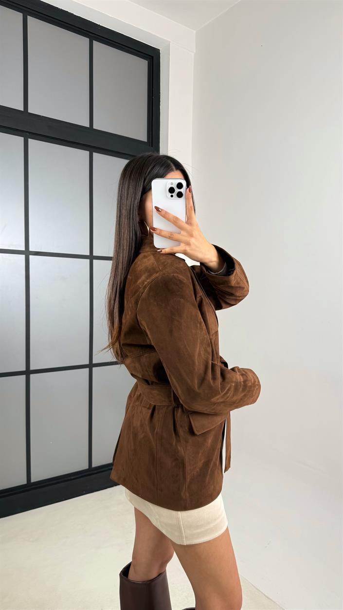 Kahve Astarlı Cep Detaylı Kuşaklı Süet Ceket GAUS-00168