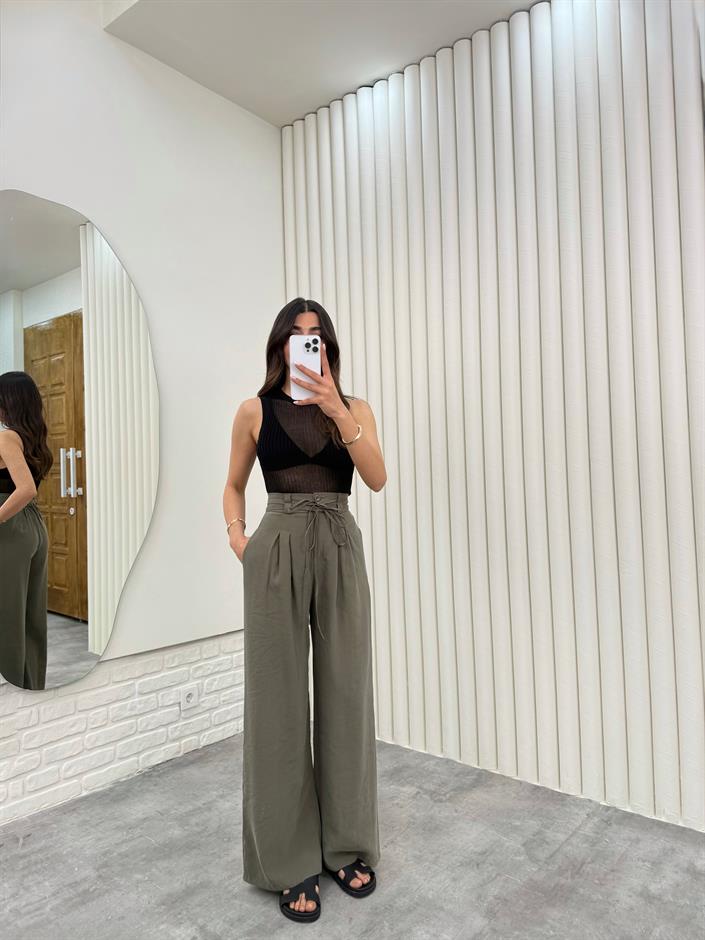 Haki Kuşaklı Tensel Kırışık Kumaş Palazzo Pantolon Gaus00302