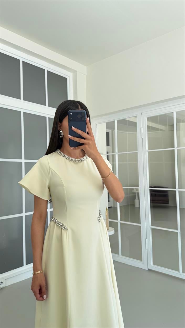 Sarı Taş Detaylı Midi Elbise GAUS-01683