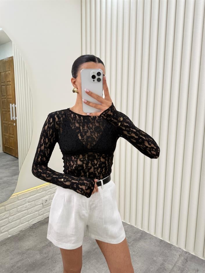 Siyah Uzun Kol Dantelli Transparan Bluz Gaus00287