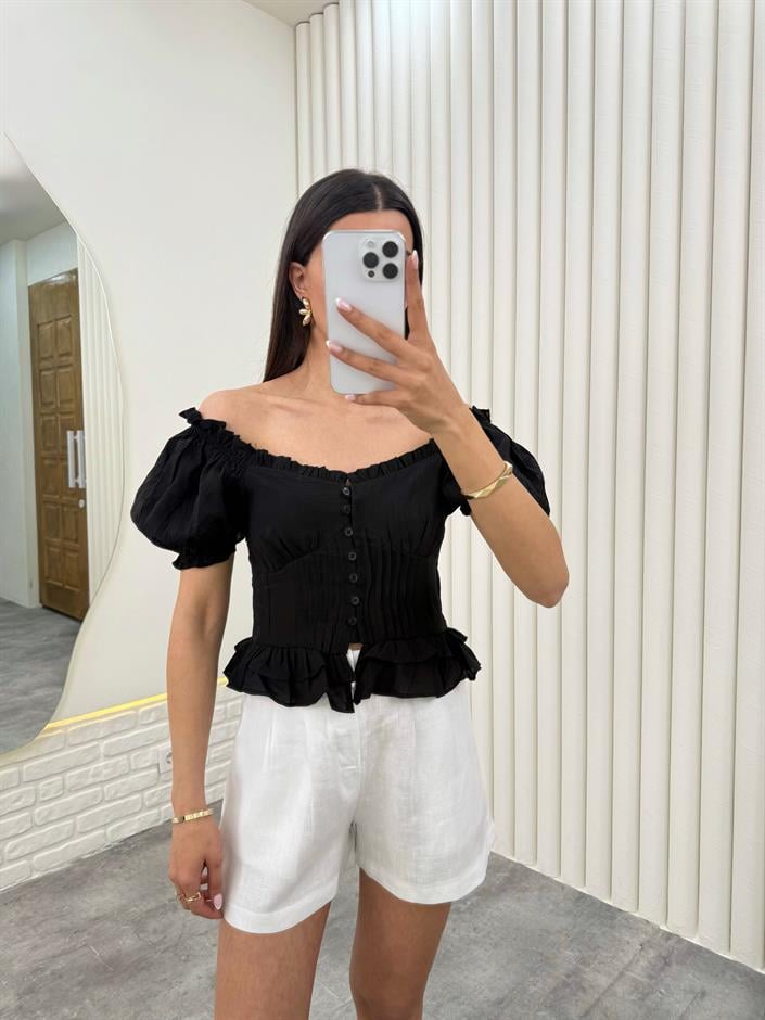 Siyah  Balon Kol Önü Düğmeli Fırfırlı Tensel Crop Bluz Gaus00279