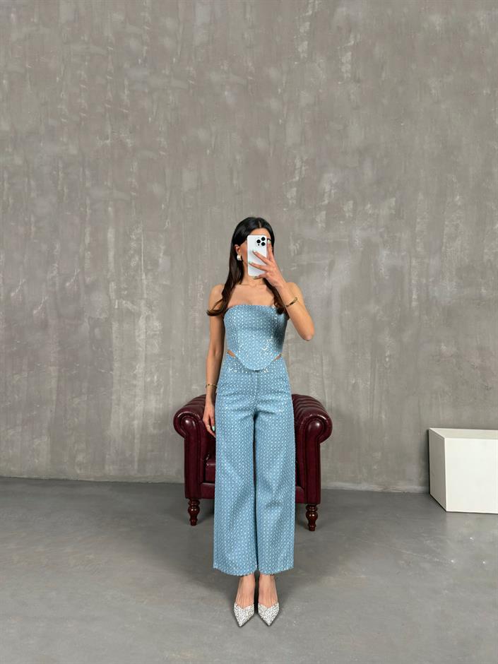 Mavi Pullu Parlak Korseli Denim Takım Gaus00241