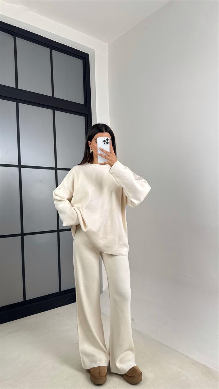 Ekru Uzun Kol Kazak Beli Lastikli Pantalon İkili Triko Takım GAUS-00103