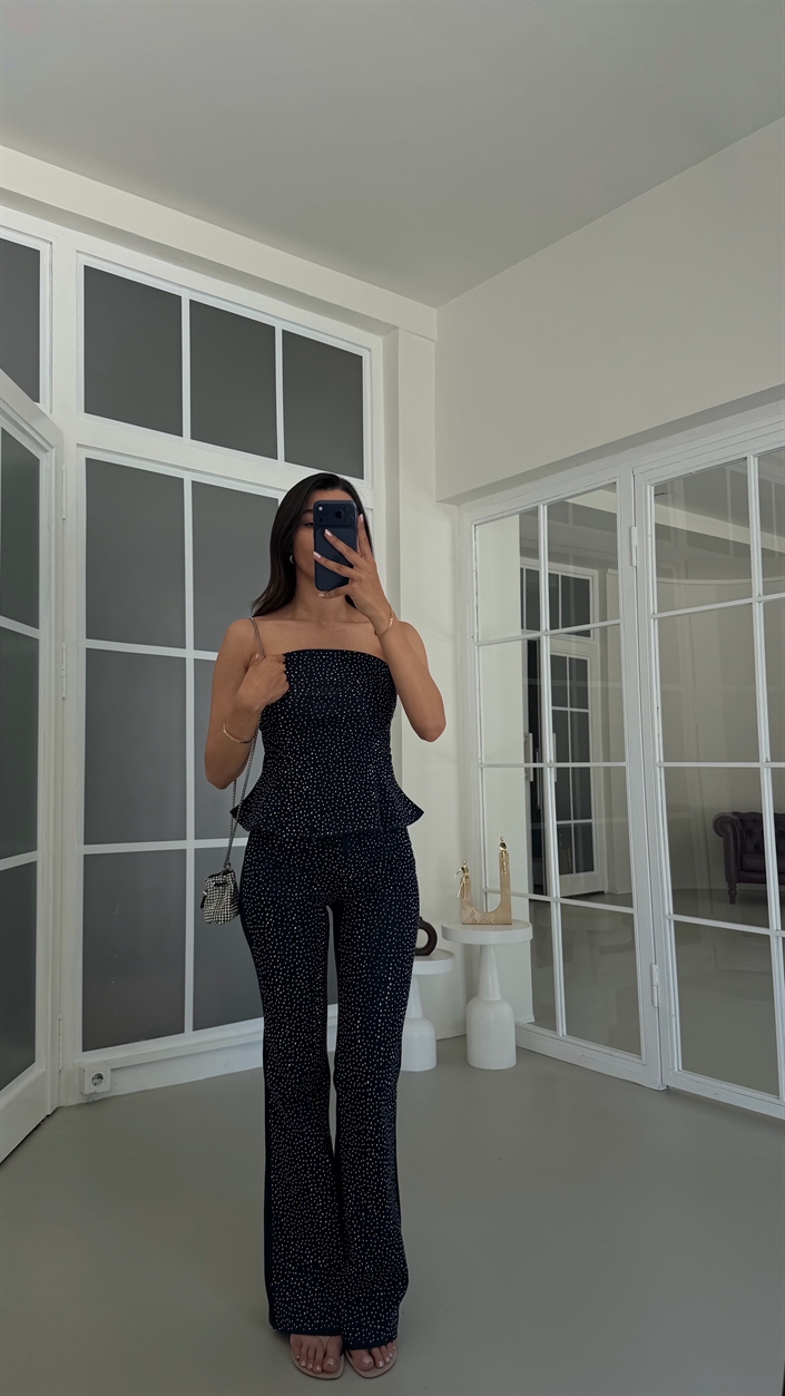 Lacivert Bluz Pantolon Taş Detaylı Premium Denim Takım GAUS-01793