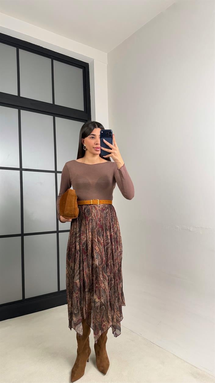 Yeşil Desenli Astarlı Şifon Etek GAUS-01086