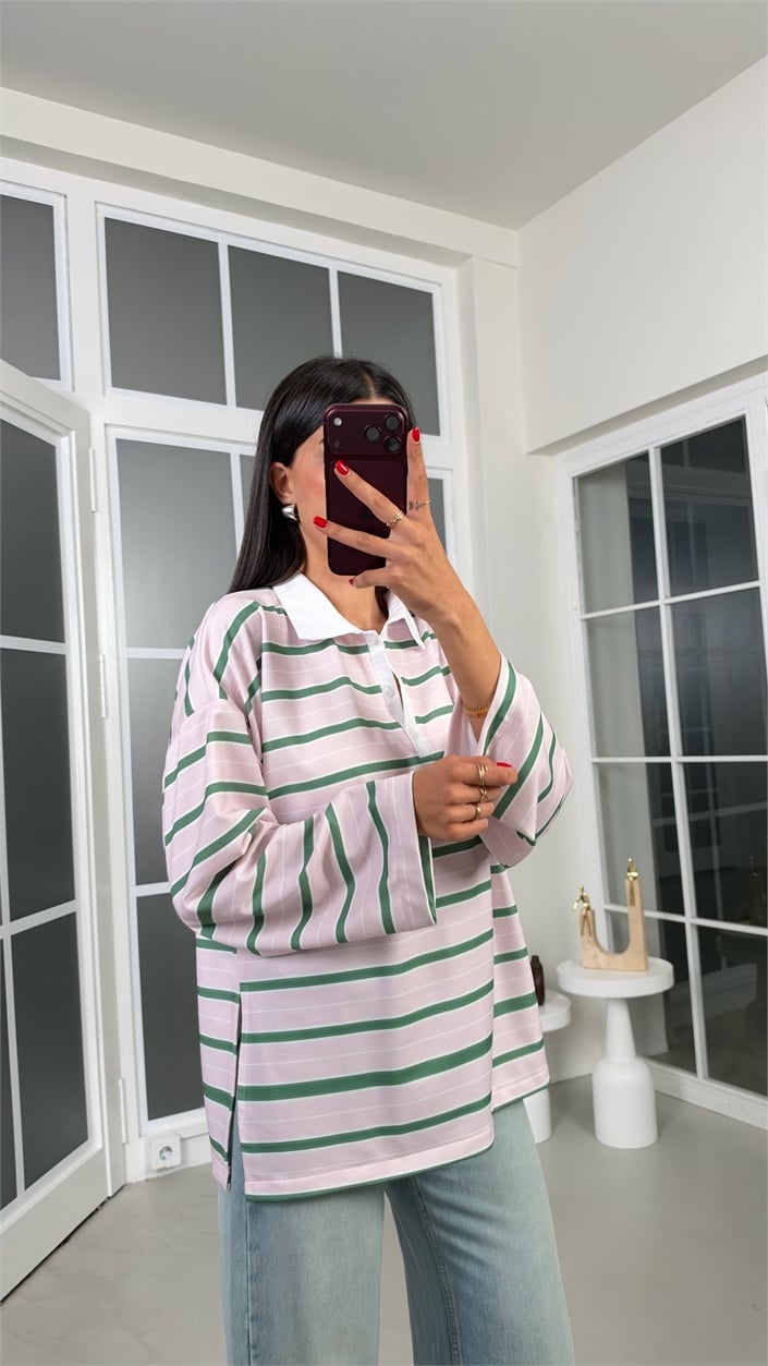 Açık Pembe Polo Yaka Şeritli Bluz GAUS-02306