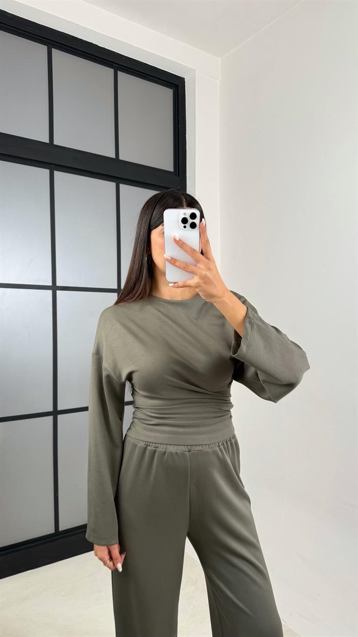 Haki Yarasa Kol Bluz Beli Lastikli Pantolon Tasarım Modal Takım GAUS-00572