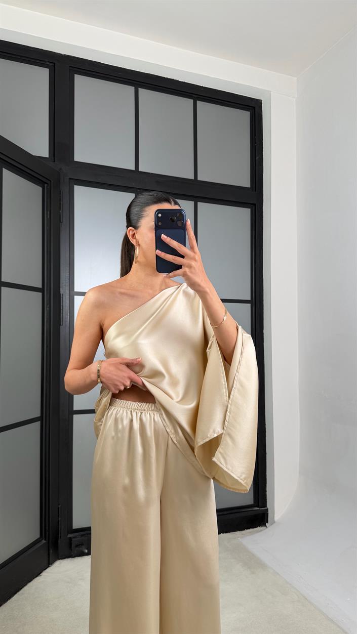Taş Yarasa Kol Bluz Beli Lastikli Pantolon Saten Takım GAUS-01528