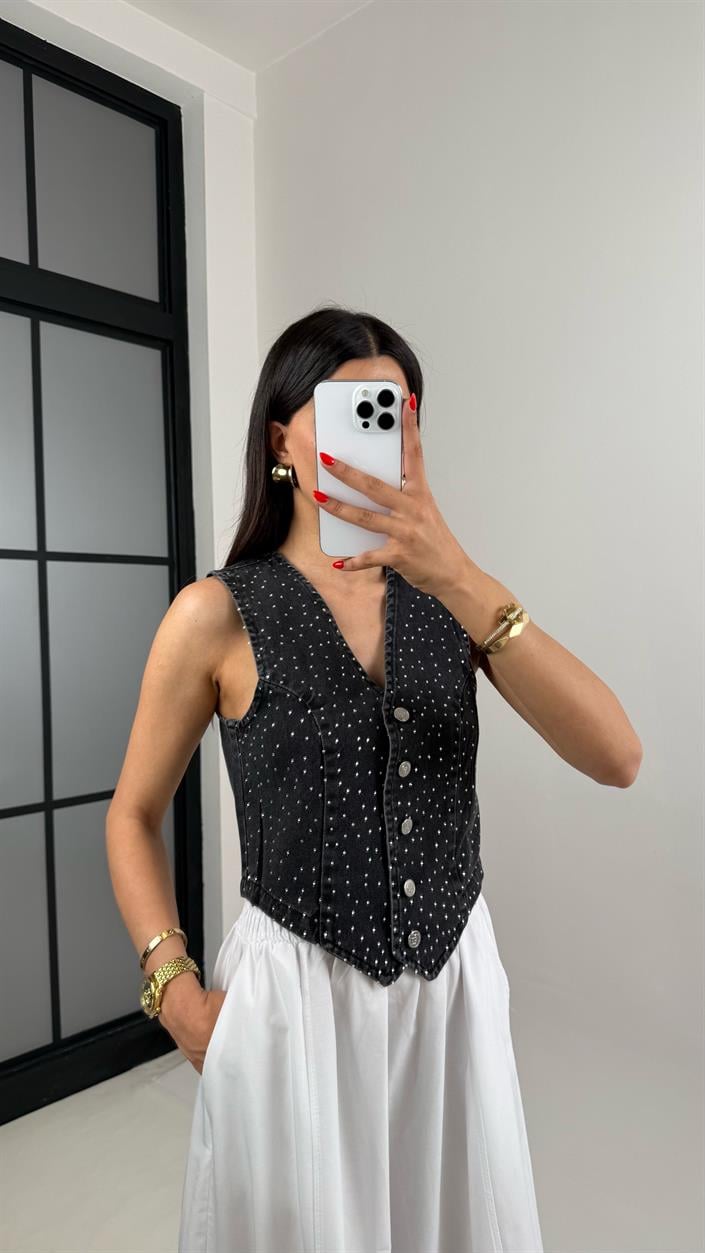 Antrasit Taşlı Tasarım Denim Yelek Gaus00486