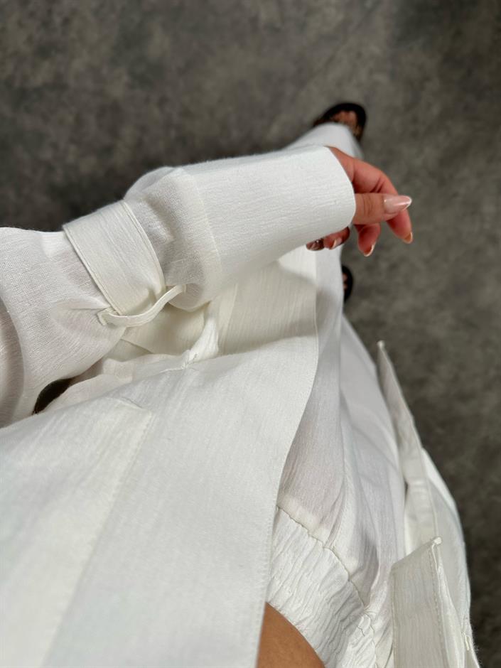 Arley Ekru Kuşak Bağlamalı Cepli Üst Pantolon Pamuk Karışımlı Keten Kimono Takım
