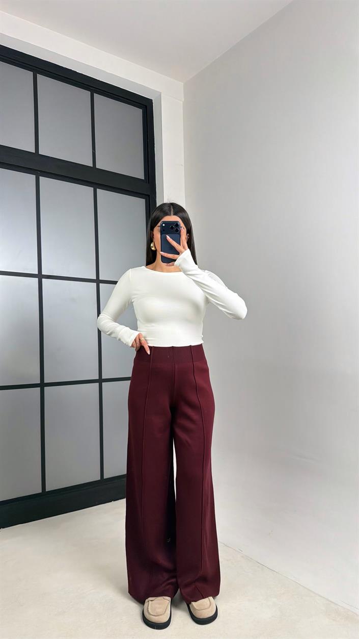 Bordo Beli Lastikli Dikiş Detaylı Triko Pantolon GAUS-00856