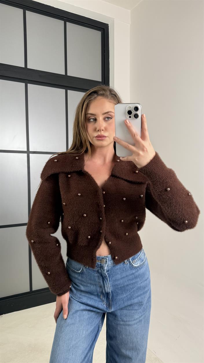 Kahve Boncuk İşlemeli Yakalı Hırka GAUS-00765