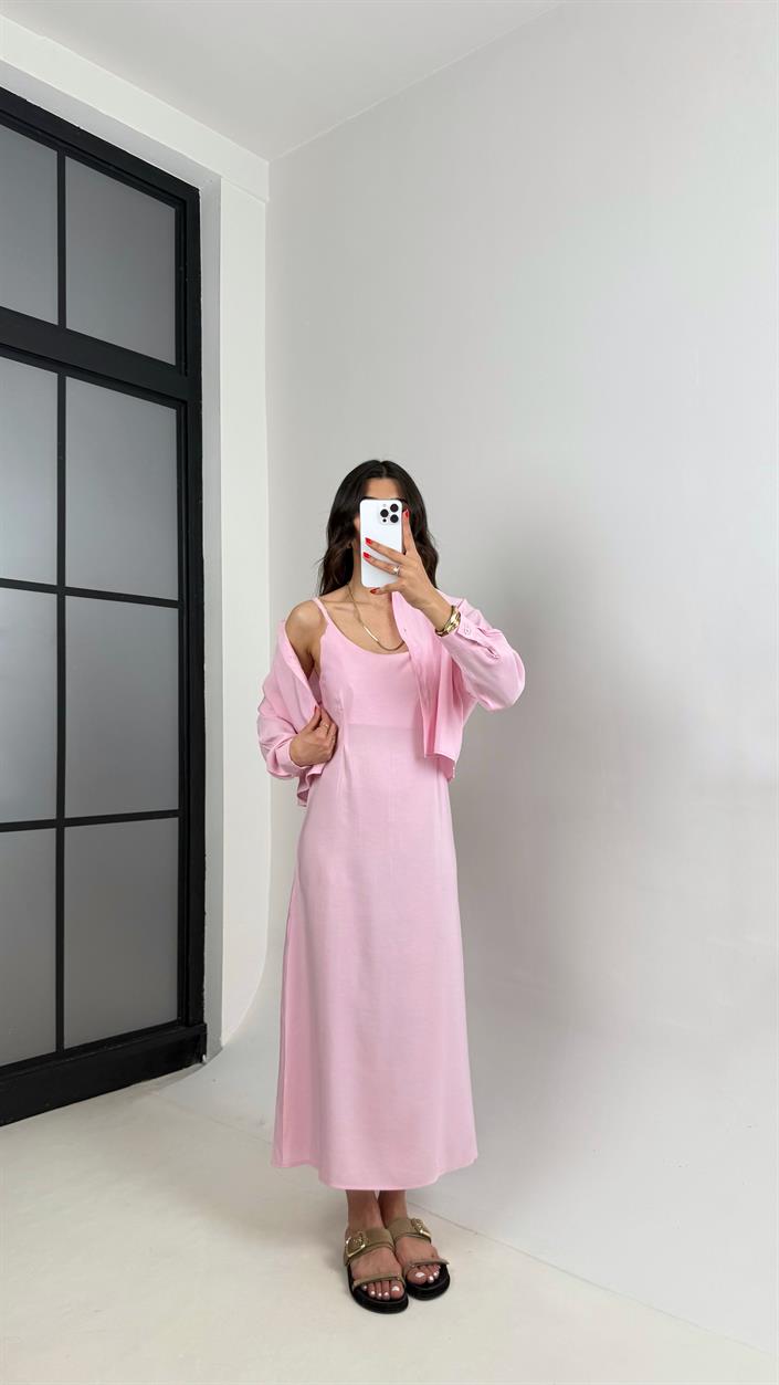 Pembe Ayarlanabilir Askılı Elbise Gömlek İkili Tensel Takım Gaus00467