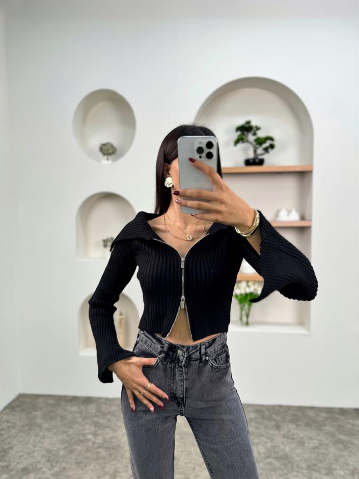Brook Siyah Fitilli Fermuarlı Crop Hırka