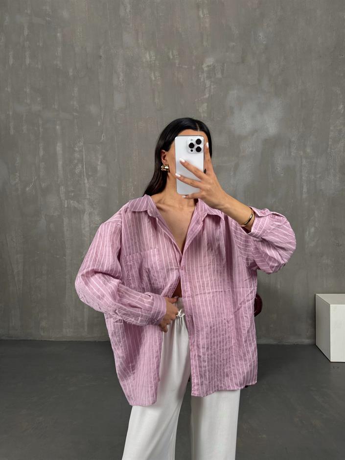 Pembe Çizgili Oversize Gömlek Gaus0004