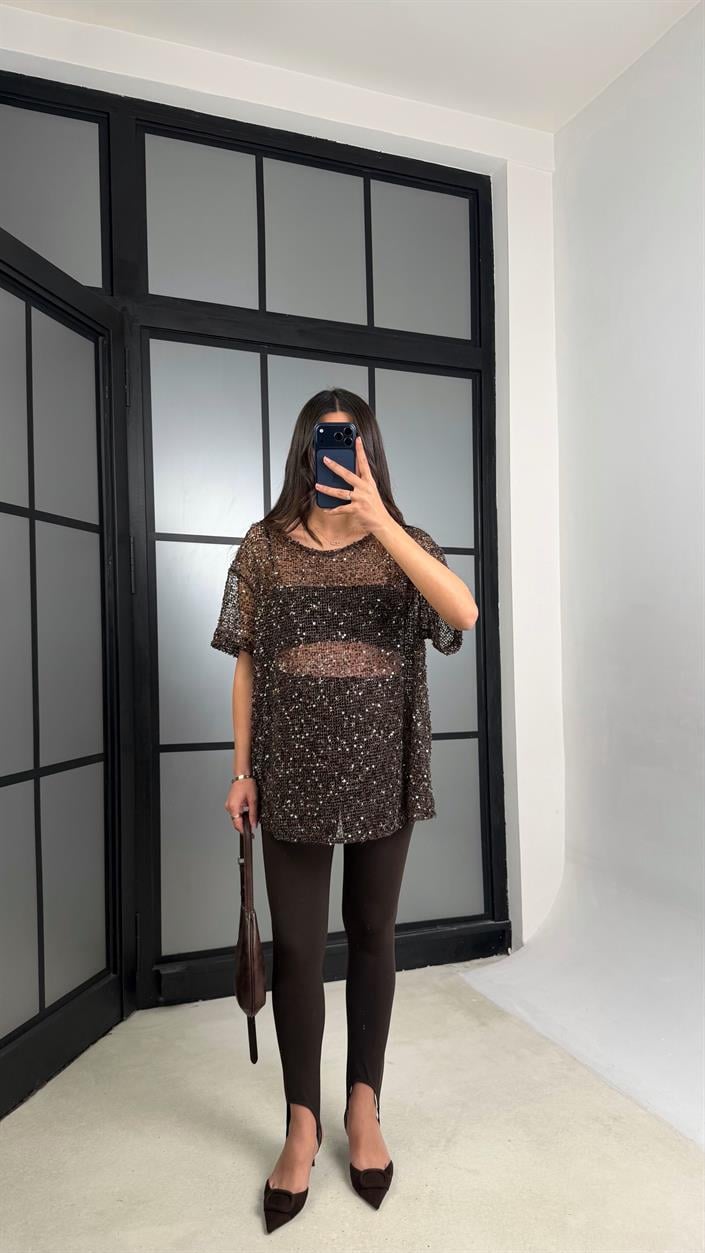 Acı Kahve Muadil Pul İşleme Detaylı İthal Oversize Bluz GAUS-01187