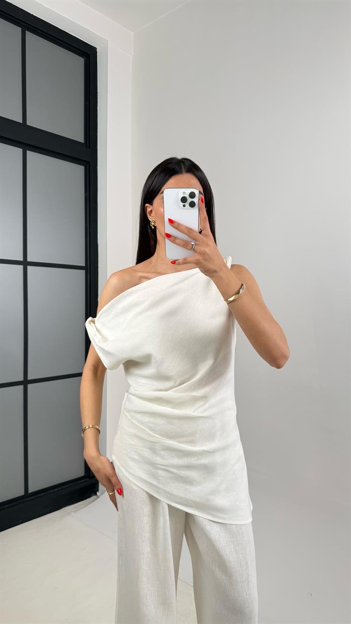 Beyaz Asimetrik Kesim Bluz Beli Lastikli Pantolon Tasarım Keten Takım Gaus00462