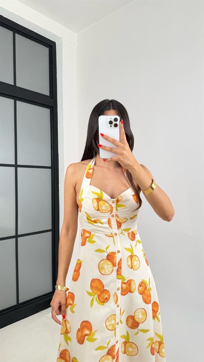 Taş Boyundan Bağlamalı Portakal Desenli Önü Düğmeli Astarlı Keten Elbise GAUS-0053