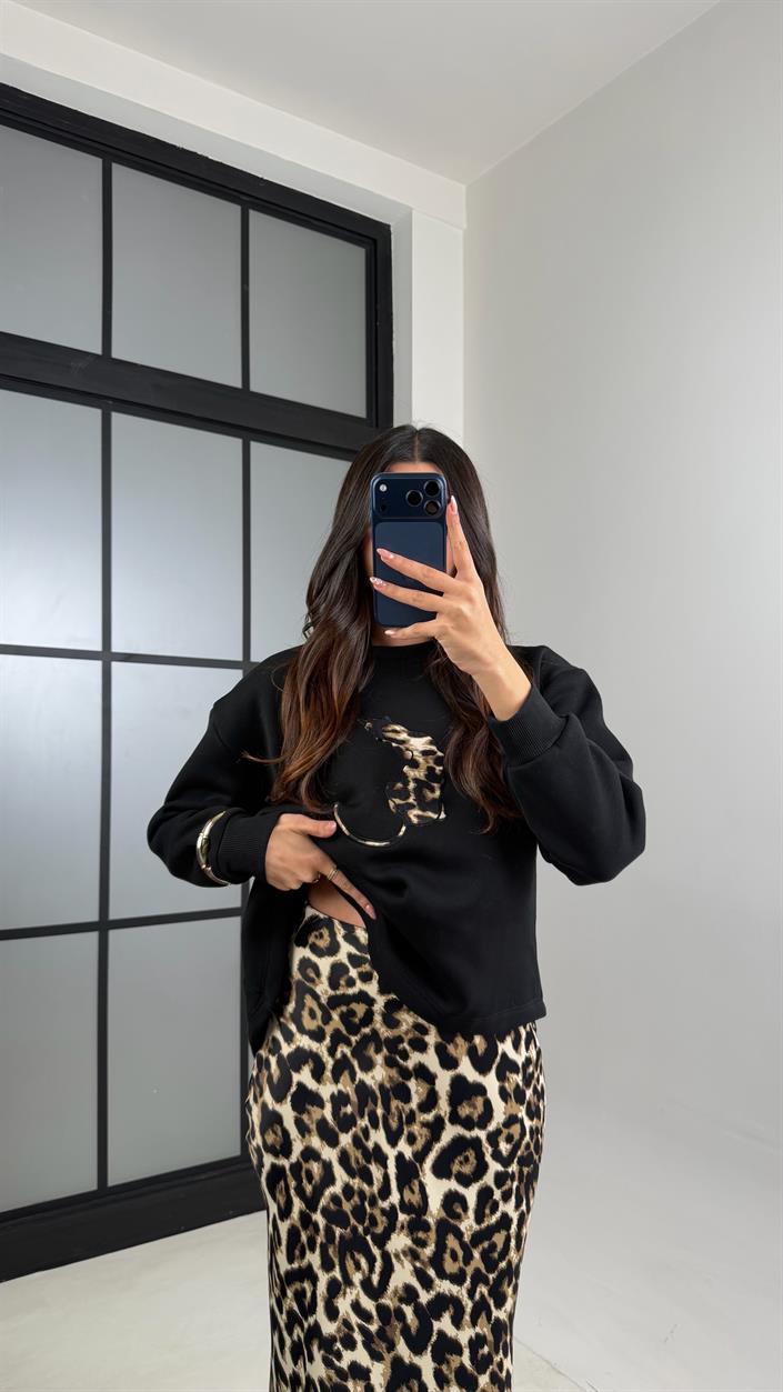 Siyah Kahve Leopar Desenli Bluz Etek İkili Saten Takım GAUS-00903