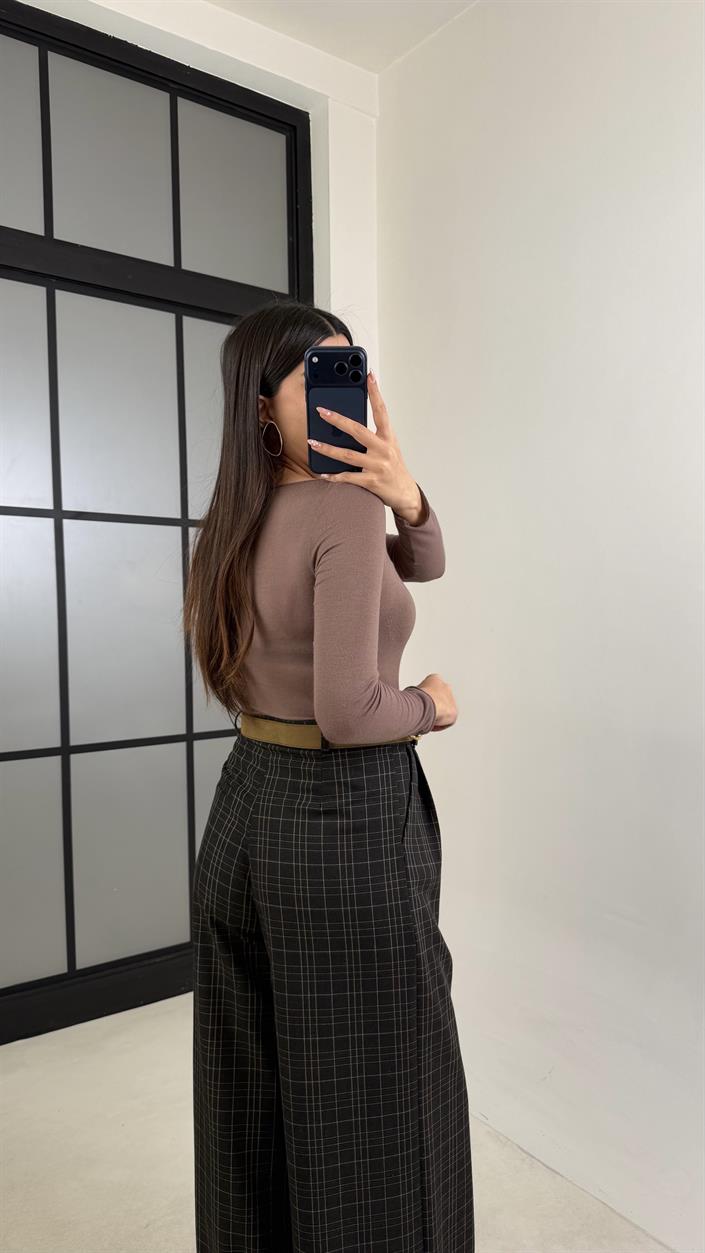 Füme Pile Detaylı Desenli Kumaş Pantolon GAUS-00911