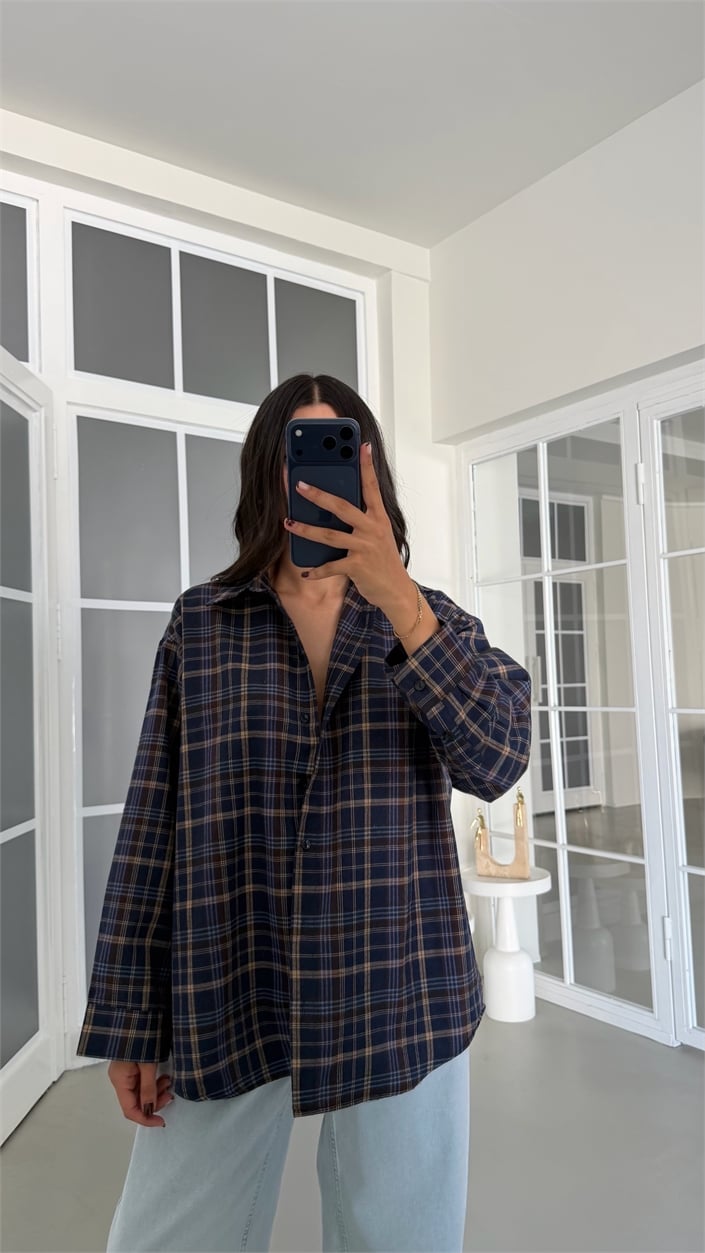 Lacivert Ekose Desenli Oversize Gömlek GAUS-01948