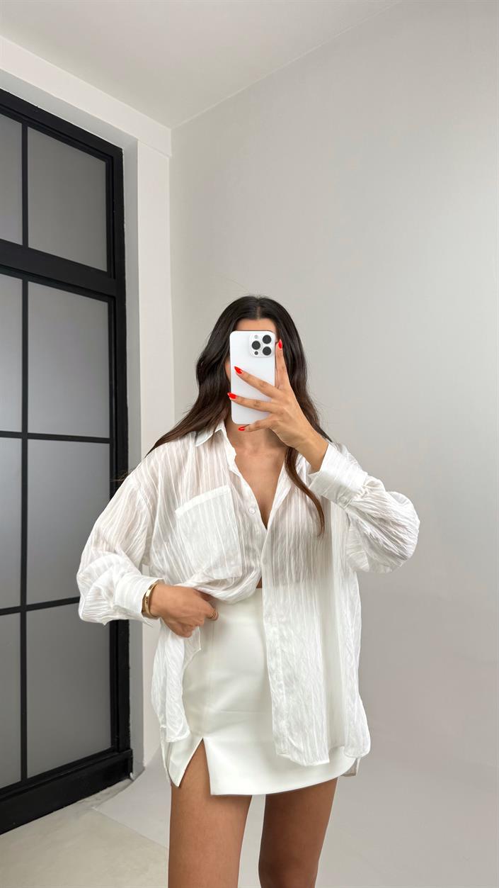 Beyaz Şerit Desenli Kırışık Tencel Gömlek GAUS-0032