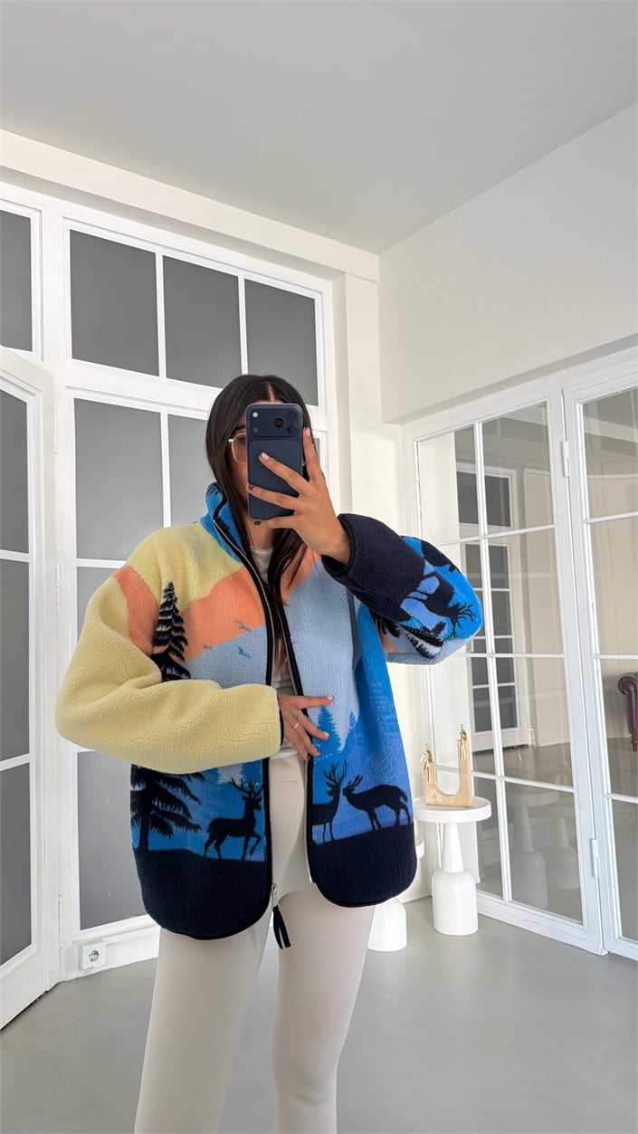 Çok Renkli Geyik Desenli Fermuarlı Polar Sweatshirt GAUS-01910