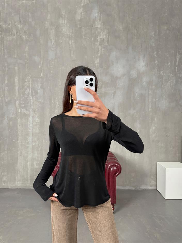 Siyah Transparan Bisiklet Yaka Triko