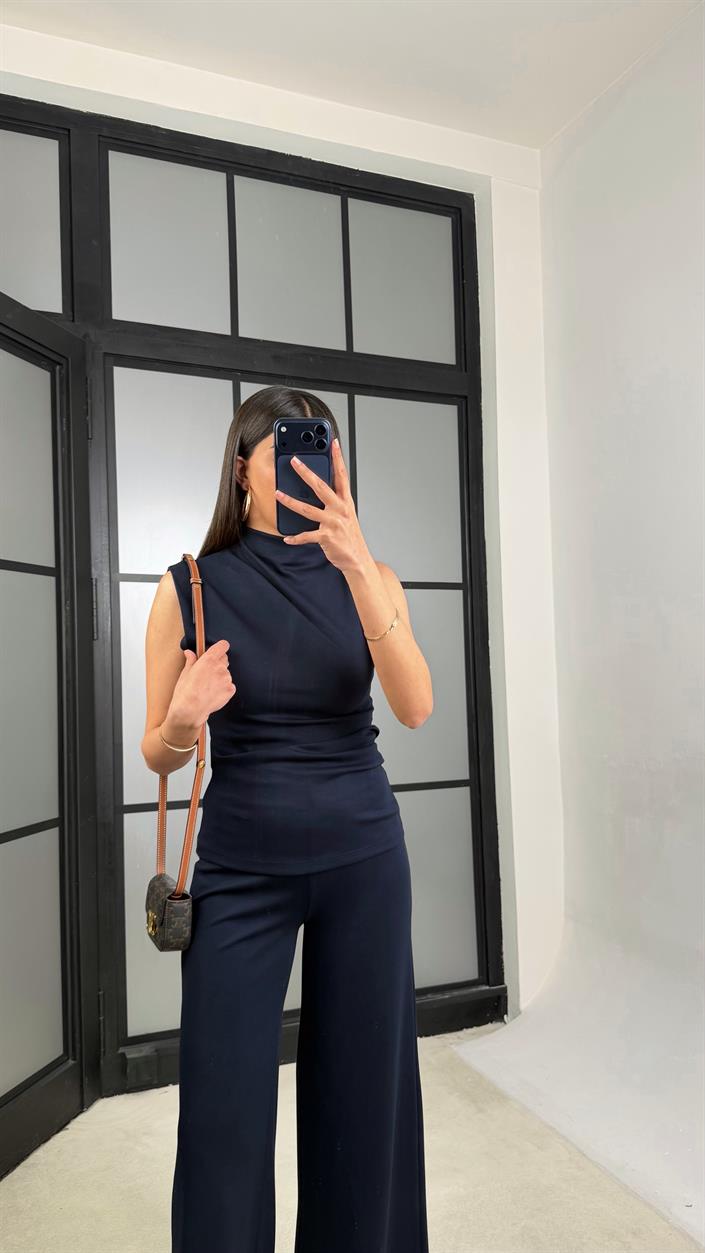 Lacivert Sıfır Kol Bluz Beli Lastikli Pantolon Modal Takım GAUS-01348