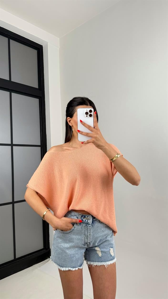 Somon Omzu Açık Kısa Kol Triko Kazak Gaus00504