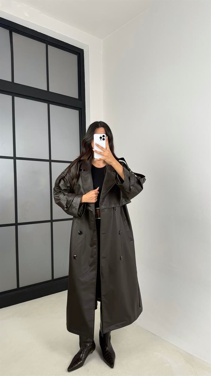 Kahve Kuşaklı Astarlı Premium Deri Trençkot GAUS-00127