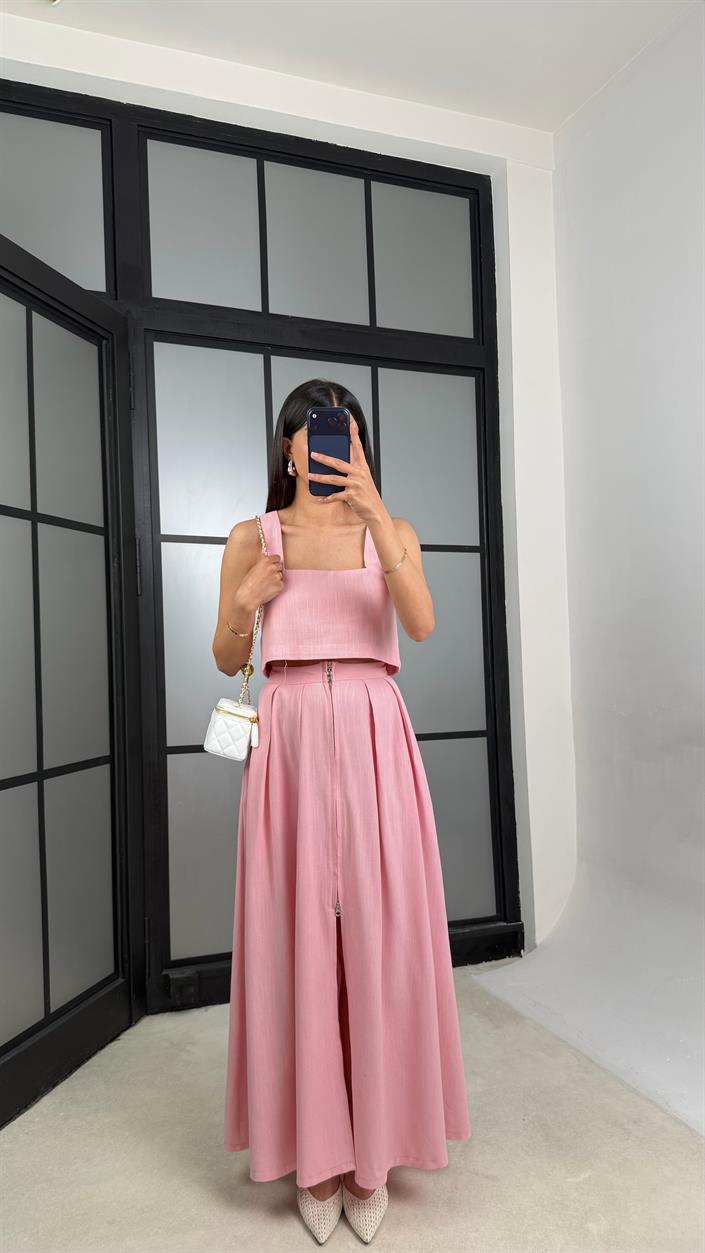 Pembe Crop Fermuarlı Etek İkili Keten Takım GAUS-01437