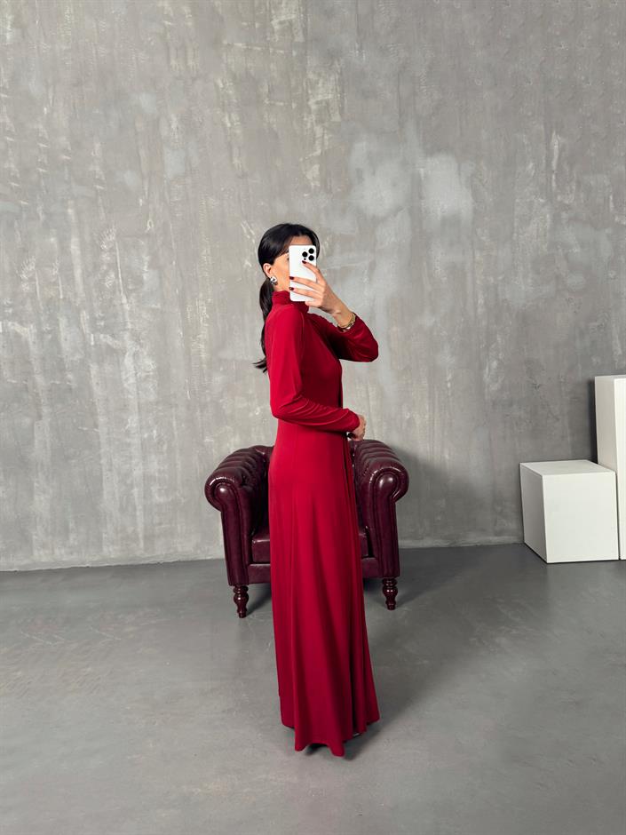 Jerse Bordo Balıkçı Yaka Tasarım Maxi Elbise