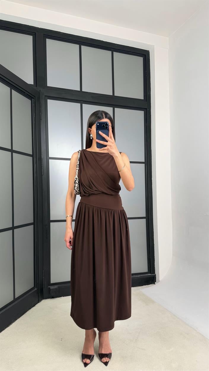 Kahve Sıfır Kol Zr Model Tasarım Elbise GAUS-01362