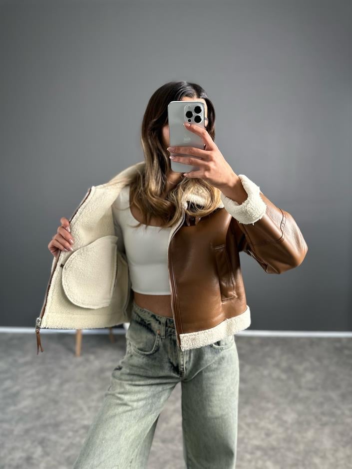 Jaden Kahve Deri Kürklü Biker Mont