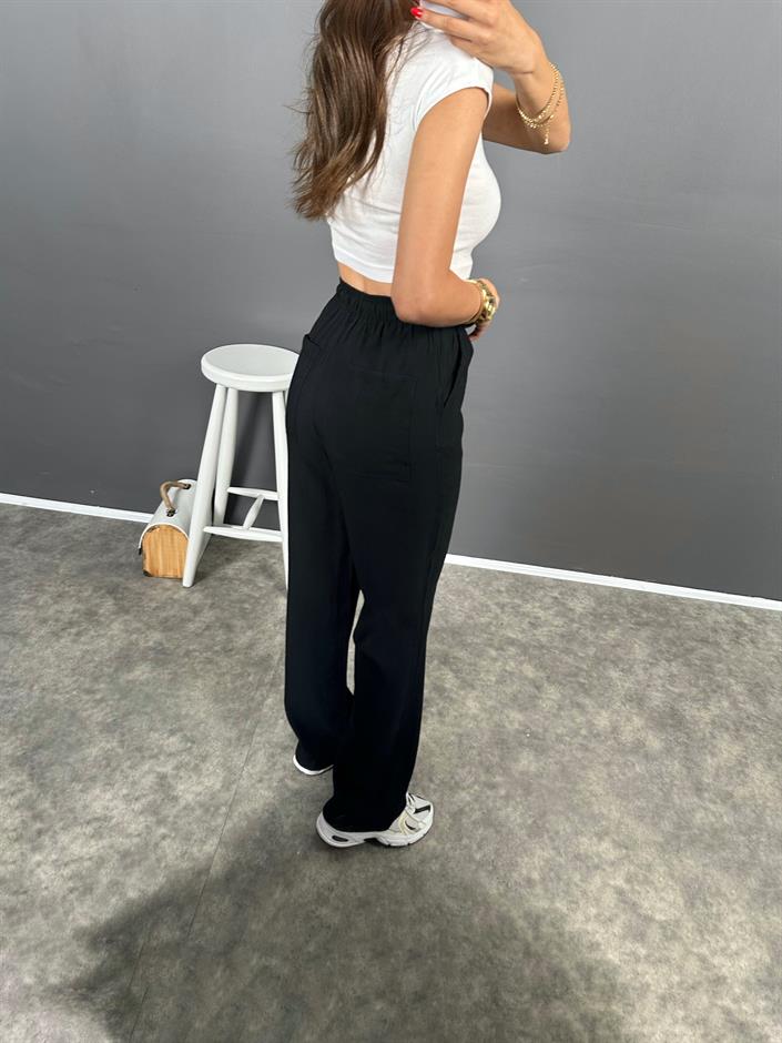 Flay Siyah İthal Kumaş ZR Model Bel Bağlamalı Rahat Pantolon