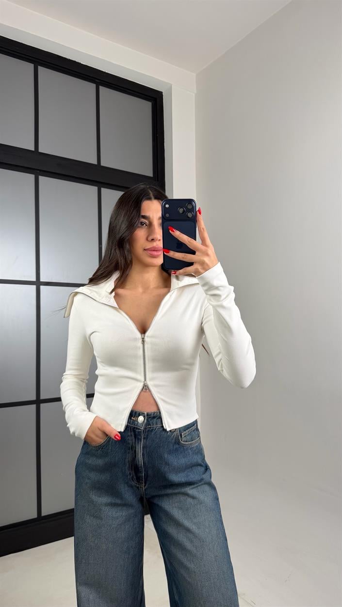 Ekru Çift Fermuarlı Bluz GAUS-00939