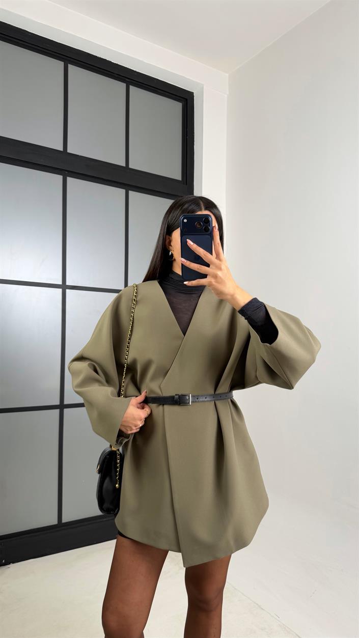 Haki Kemerli Astarlı Cepli Premium Ceket GAUS-00818